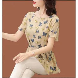 S-4XL Loose Clothes Women 2023 Summer Elegant Office Lady Bow Tie Shirts Casual Retro Vintage Floral Print Peplum Tops Blouses