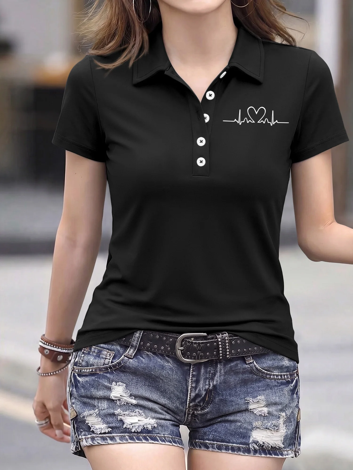 Minimalistisches Herz-EKG-Linien-Grafik Damen Kurzarm-Poloshirt mit Kragen, Schlanker Schnitt, Tägliches Casual-Sommer-Oberteil – Detail 3