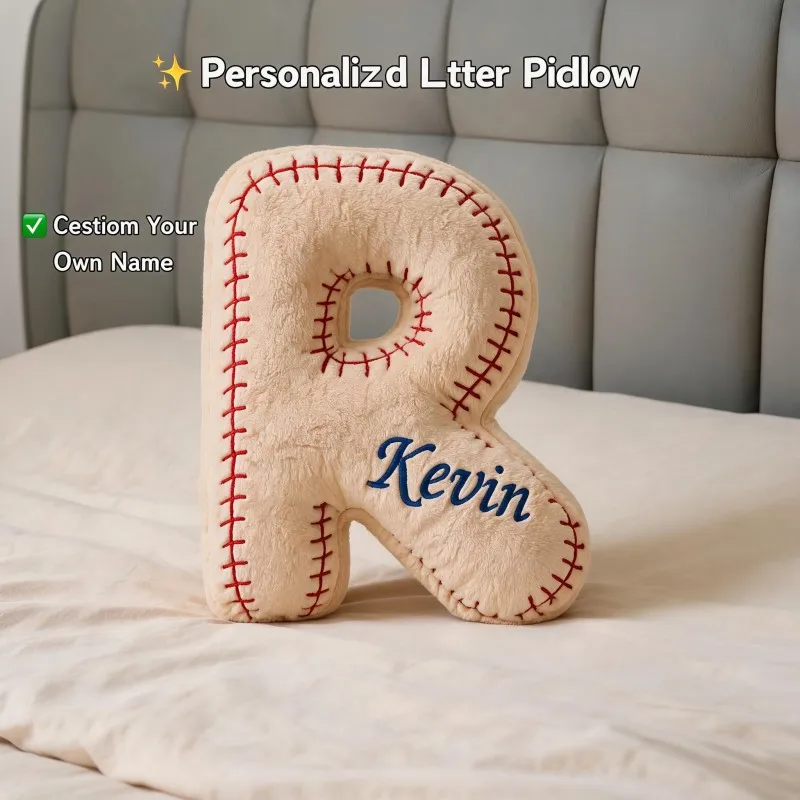 Custom Photo Baseball Style Letter Shaped Pillow, Personalized Name Decorative Cushion Unique Home Decor Accent for Sofa Bedroom