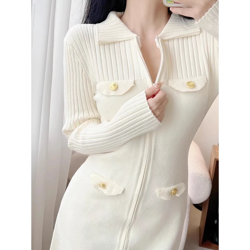 Damska nowa sukienka dzianinowa w kolorze złamanej bieli, wiosenno-jesienna, w stylu zachodnim, zapinana na zamek, sweter z długim rękawem, modny kardigan, mała czarna sukienka.