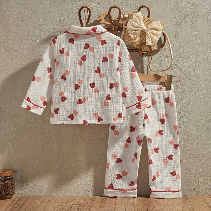 EWODOS Kids Girls Pajamas Set, Heart Print Long Sleeve Shirt with Elastic Waist Pants Cotton Sleepwear Baby Spring Clothes