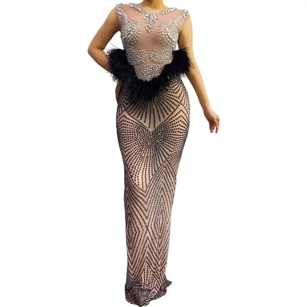 Full Diamond Mesh Perspective Slimming Sexy Long Dress Nightclub Bar DJ Female Singer Dance Team Stage Clothing Party Theme Show