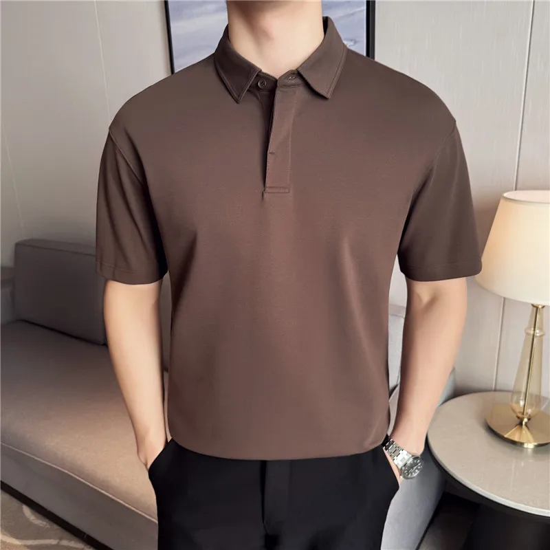 

Мужская рубашка поло с коротким рукавом, новинка лета 2025 г., однотонная повседневная футболка из 100 чистого хлопка, дышащая, мягкая, легкая, тонкая, повседневная футболка, мужская одежда