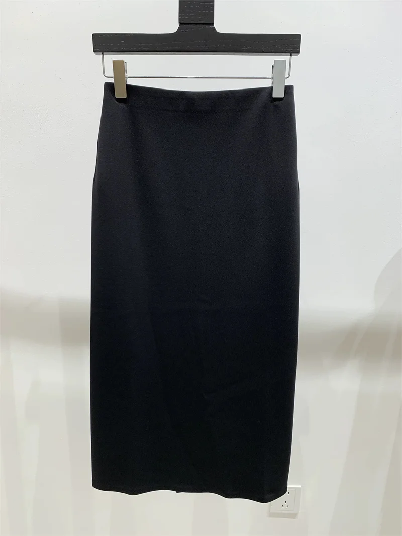 Acetic Acid Ladiesstraight Leg Midi Jupe Slim Fit Simple Back Slit Autumn Winter Women's Blend Black Midi Skirt