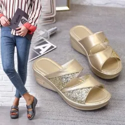 2024 Summer New Fashion Large Women's Sequin Slippers Wearing Open Toe Leather Surface for Comfort Thick Sole Shoes for Women