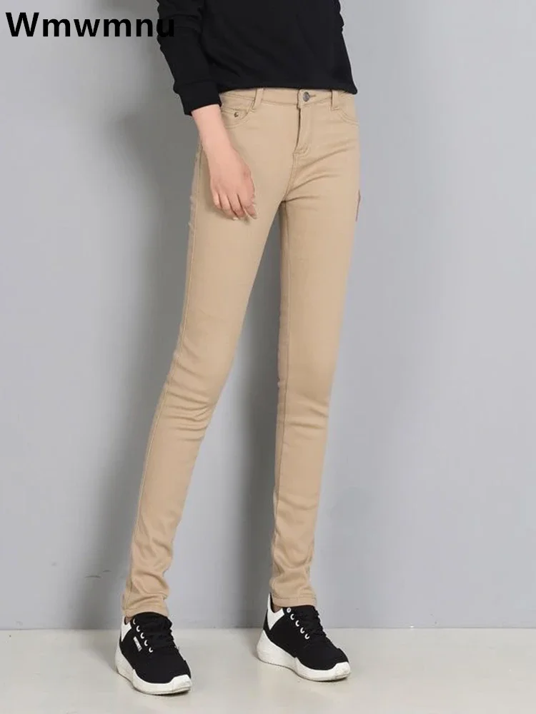 المتضخم 34 لون الحلوى جينز رفيع كاكي سليم تمتد كاوبوي بنطلون Ol بنطلونات النساء 80% القطن مكتب نحيل الدينيم السراويل #2