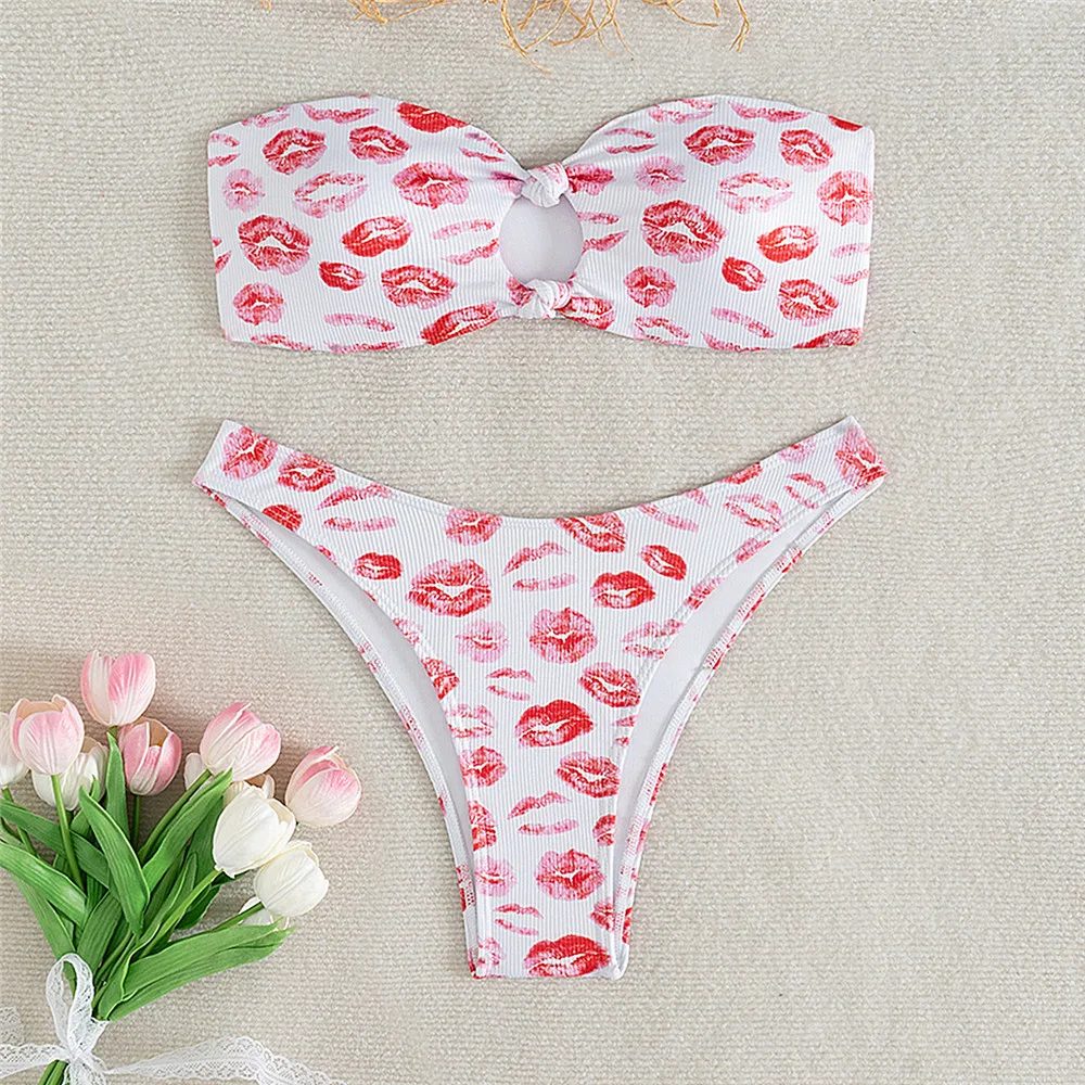 Rode Lip Print Bandau Mini Bikini Micro Sexy Badpak Vrouwen Vakantie Badmode Hoge Cut Badpak Witte Bikini De Mujer 2025