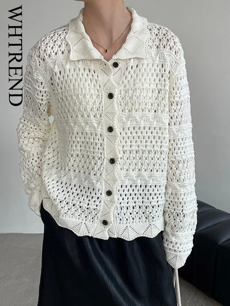 

WHTREND Women's Korean Style Wave Lace Hollow Knitted Cardigan Single-Breasted Sweater Coat WH1389