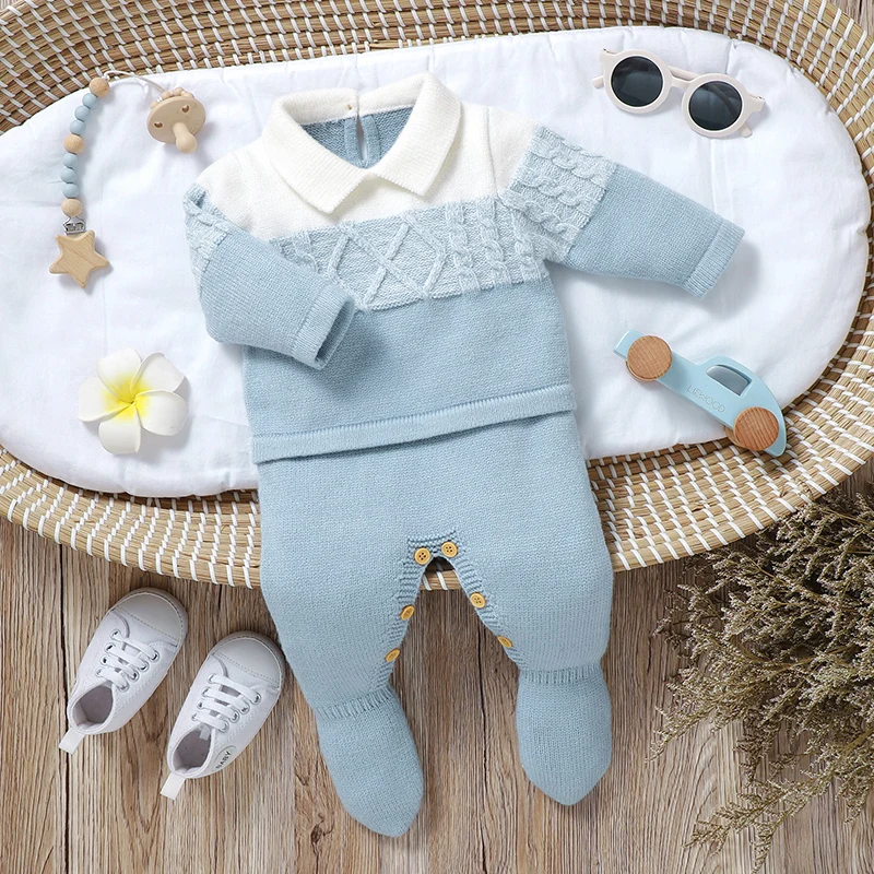 Newborn Baby Romper Knitted Infant Children Clothes Fashion Striped 0-9M Overalls Boy Girl Jumpsuit Long Sleeve Autumn Foot Wrap