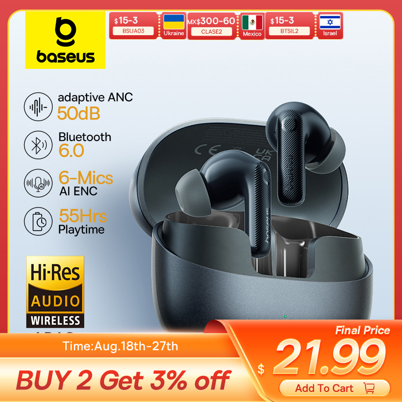  Baseus EP10 Pro ANC Earbuds Wireless Bluetooth 6.0 Earphones 50dB Realtime Adaptive Headphones 6 Mic Hi-Res LDAC IP55  Ear buds 