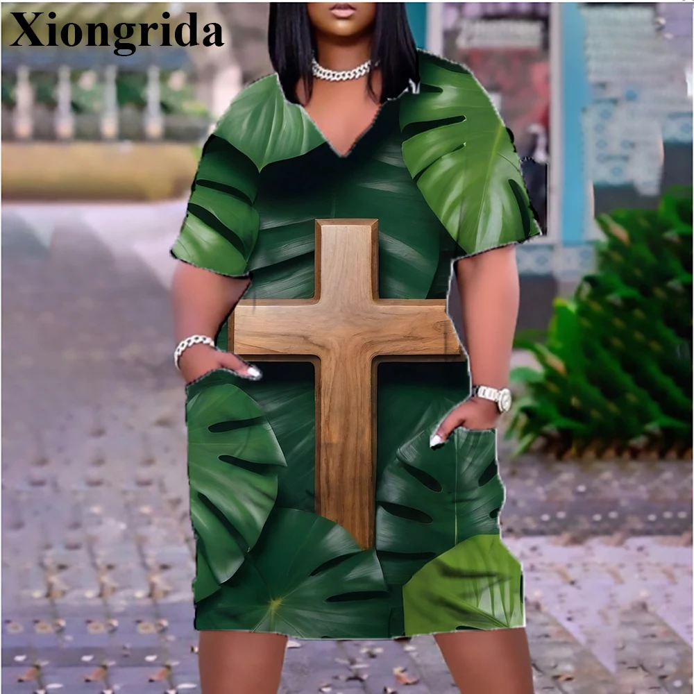 Women's Dress Tropical Leaf Printed Midi T-shirts Dress V-Neck Loose Mini Dress 3D Print Fashion Short Sleeve Dresses