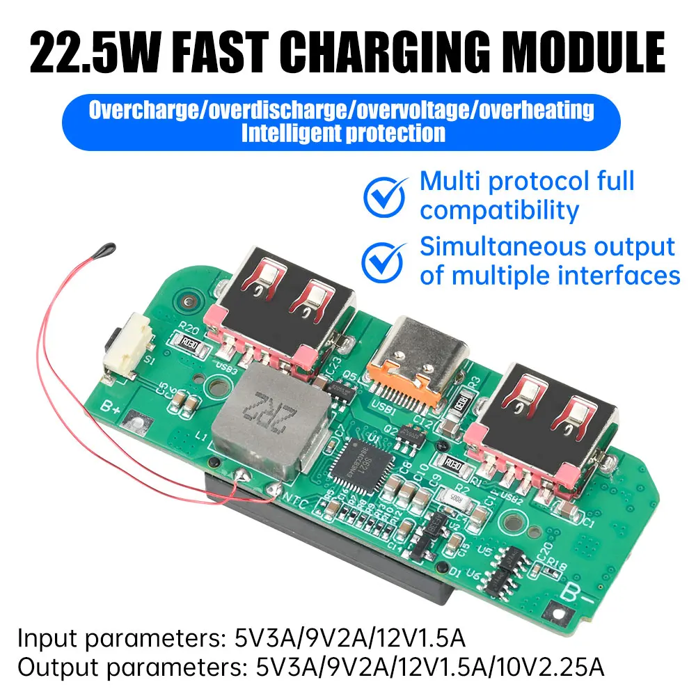 22.5W Fast Charging Power Bank Motherboard  Digital Display for Ternary Lithium Battery PD QC Quick Charge Module TFT Color