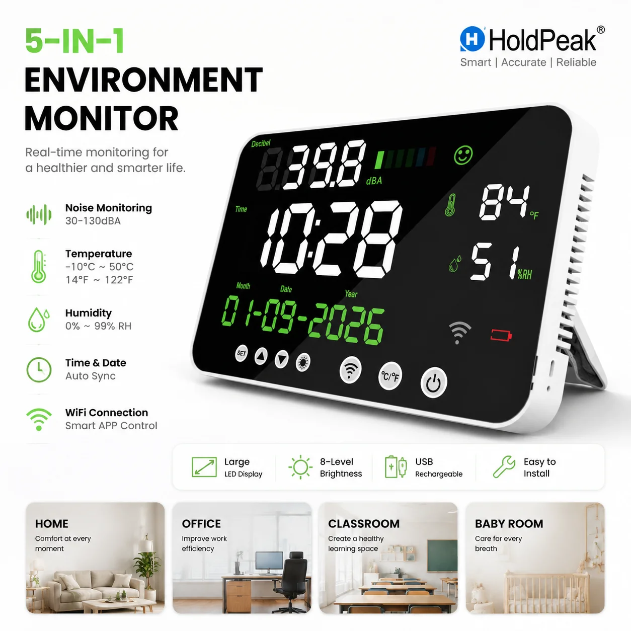 HoldPeak 5-in-1 Smart Environment Monitor WiFi Temperature Humidity Noise Meter | Real-Time Home Comfort Monitoring