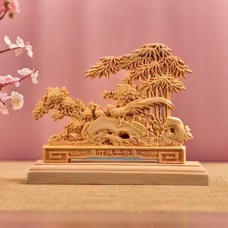 Cypress wood  Chinese Bamboo & Peace Bird Feng Shui Decor, Handmade Solid Wood Sculpture for Home Office Desk, Lucky Ornament