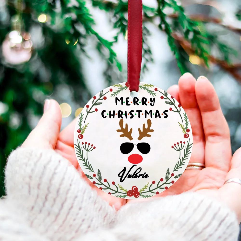 Personalized Name Custom Merry Christmas Ornament Reindeer Wreath Enamel Ornament Cute Christmas Gift for Tree Decoration