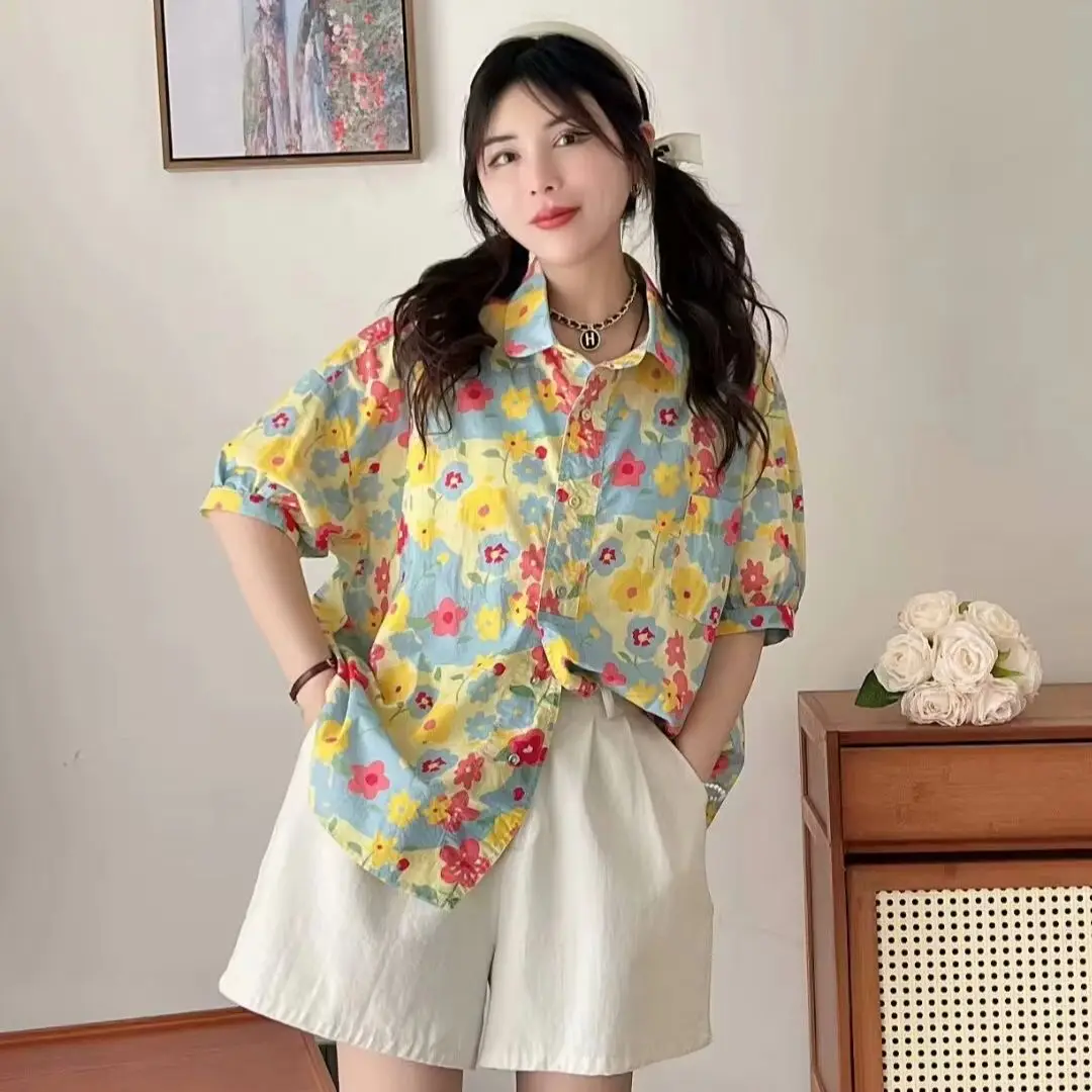 Plus Size Cotton Green Floral Print Short Sleeve Shirt Blouse for Women Summer Cotton Holiday Shirts Summer Women\'s Tops