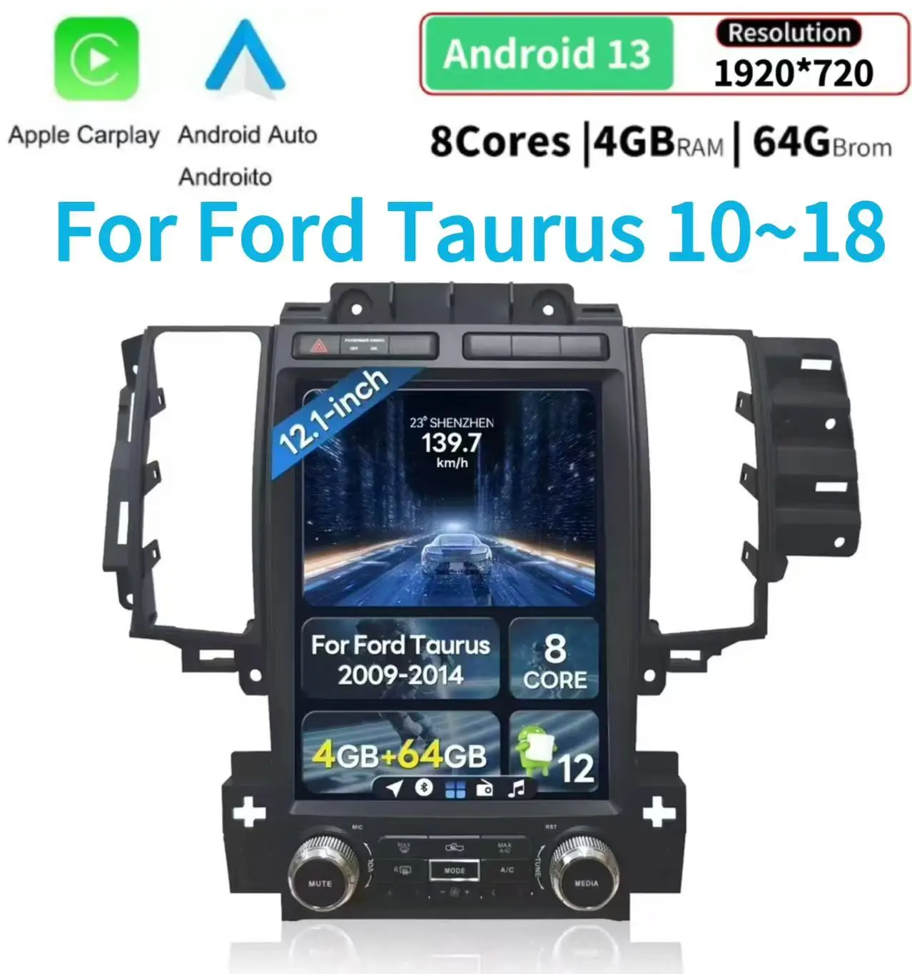 

12." Android Navigation Car Gps Stereo Radio Wifi Carplay For Ford Taurus 10~18