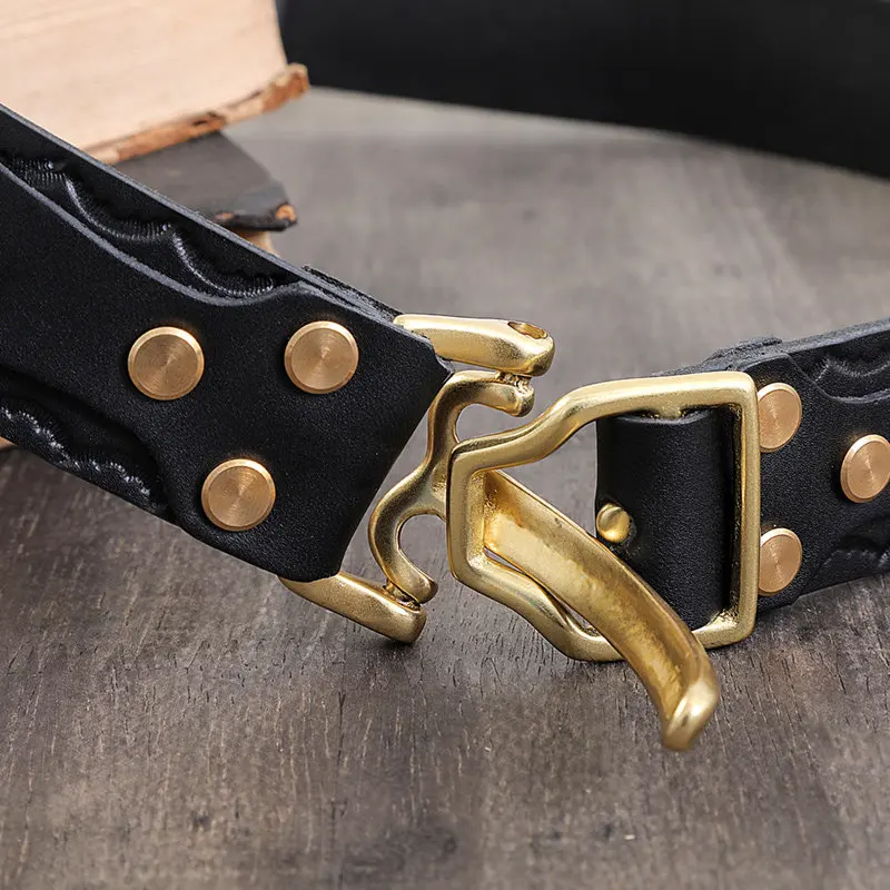 Vintage Handmade Cavalry Buckle Leather Belt Solid Copper Vegetable Tanned Top Layer Belt Double Hole Western Style Jeans Belt