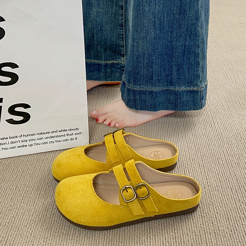 

CRLAYDK женские сабо с открытой спиной без шнуровки с ремешком и пряжкой, плоские лоферы, домашние тапочки для женщин, замшевые повседневные нарядные уличные шлепанцы