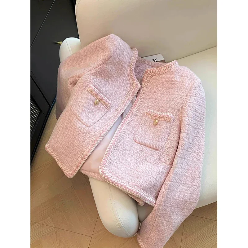 MEXZT Elegant Tweed Jacket Women Sweet Cropped Pink Coat Winter Korean Single Breasted Blazer Ladies Vintage Short Outerwear New