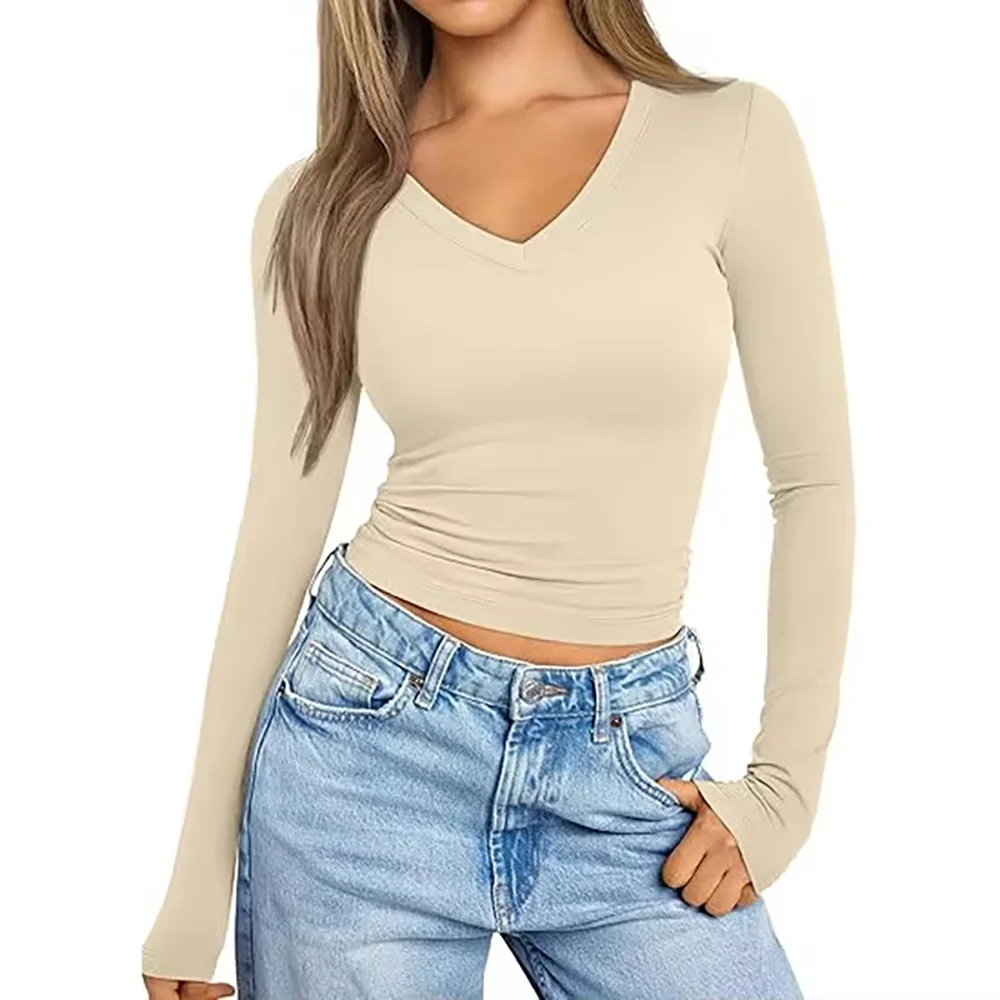 T-shirt attillata a compressione a maniche lunghe da donna: stile snellente, abito attillato rugoso con scollo a V alla moda e puro desiderio
