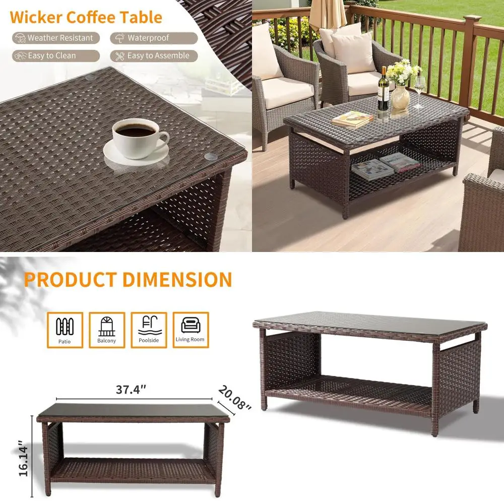 

Коричневый уличный плетеный кофейный столик с закаленным стеклянным верхом и местом для хранения