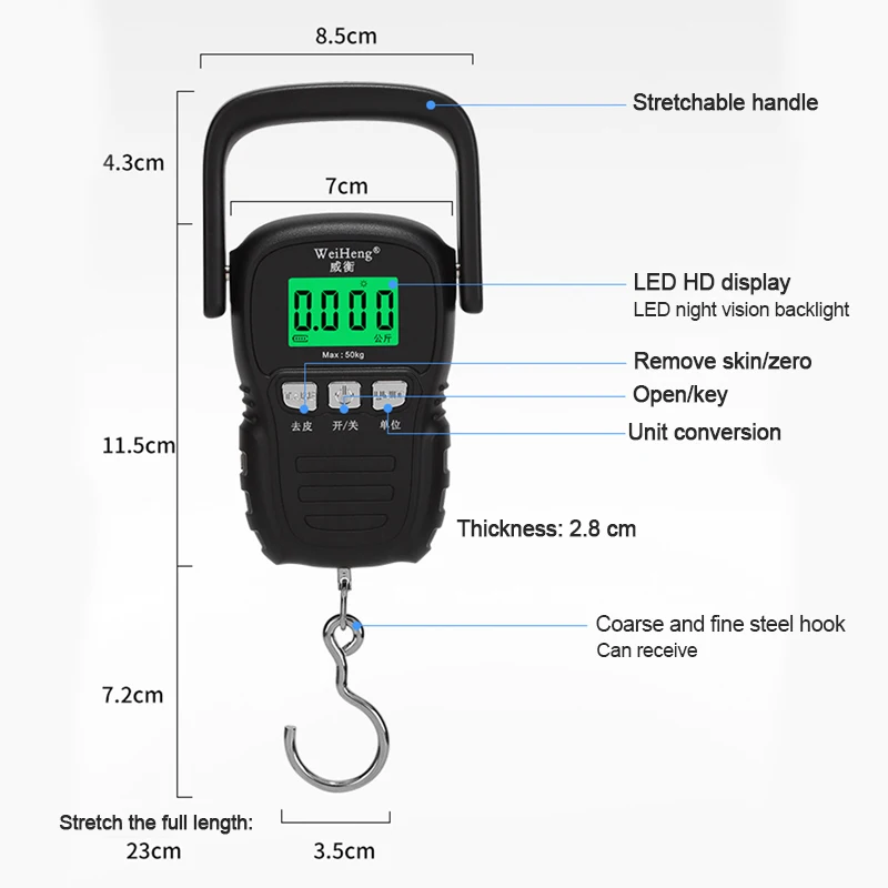 50kg Mini LCD Digital Scale with Tape Measure Backlit Electronic Weighing Hanging Hook Scale Portable Luggage Weighing Tool