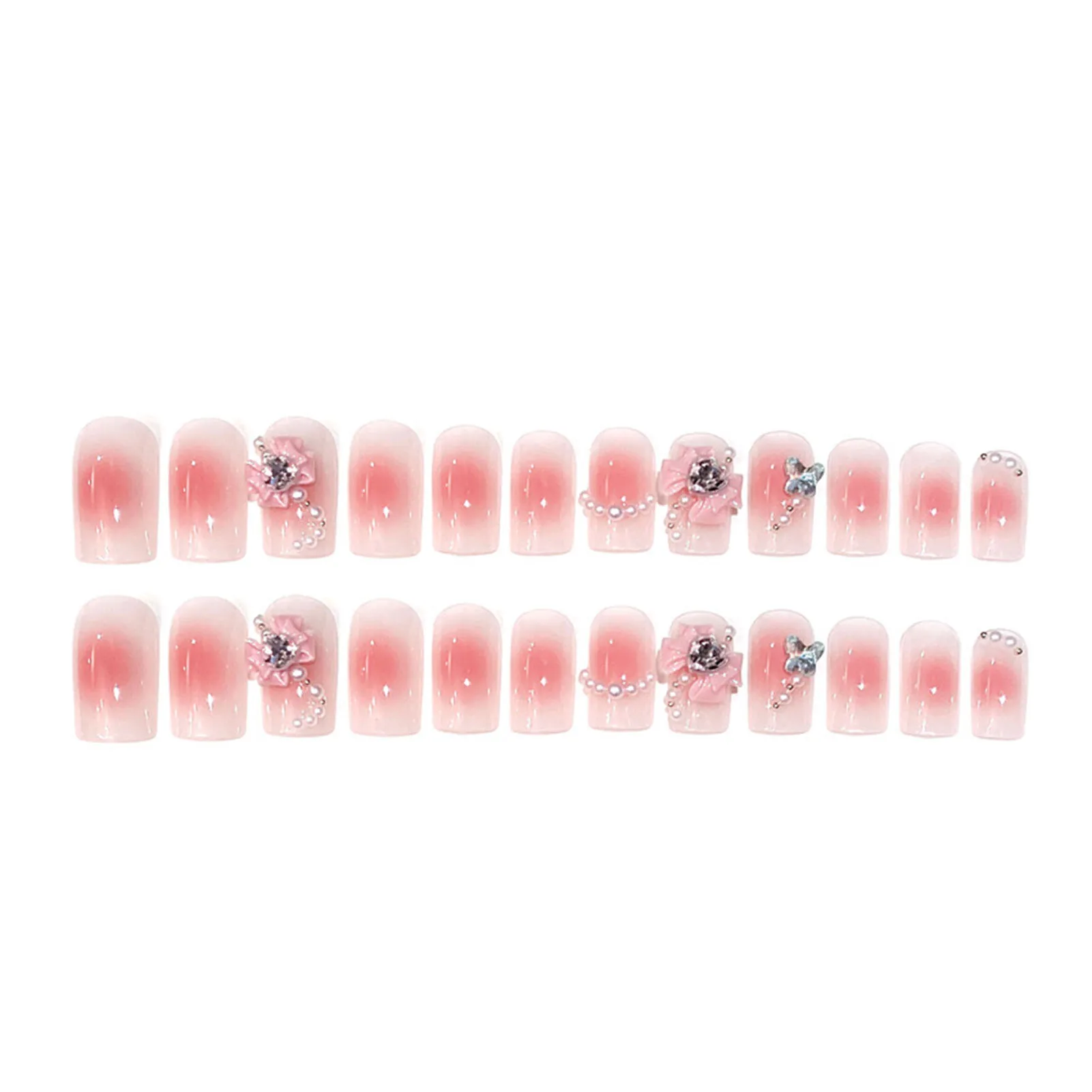 Sweet Style Press-on Nail Blusher Pink Shiny Rhinestones Girls Artificial Nail for Salon Expert and Naive Women