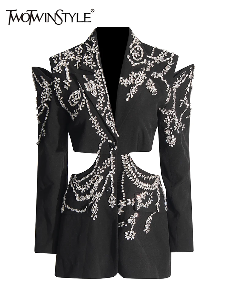 TWOTWINSTYLE-Chaqueta con diamantes empalmados para mujer, abrigo elegante de manga larga con cuello con muescas, con botones de retales, de