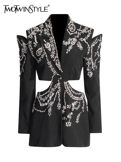 TWOTWINSTYLE solidne łączone diamenty eleganckie marynarki dla kobiet karbowany kołnierzyk z długim rękawem patchworkowy guzik designerski płaszcz damski nowy