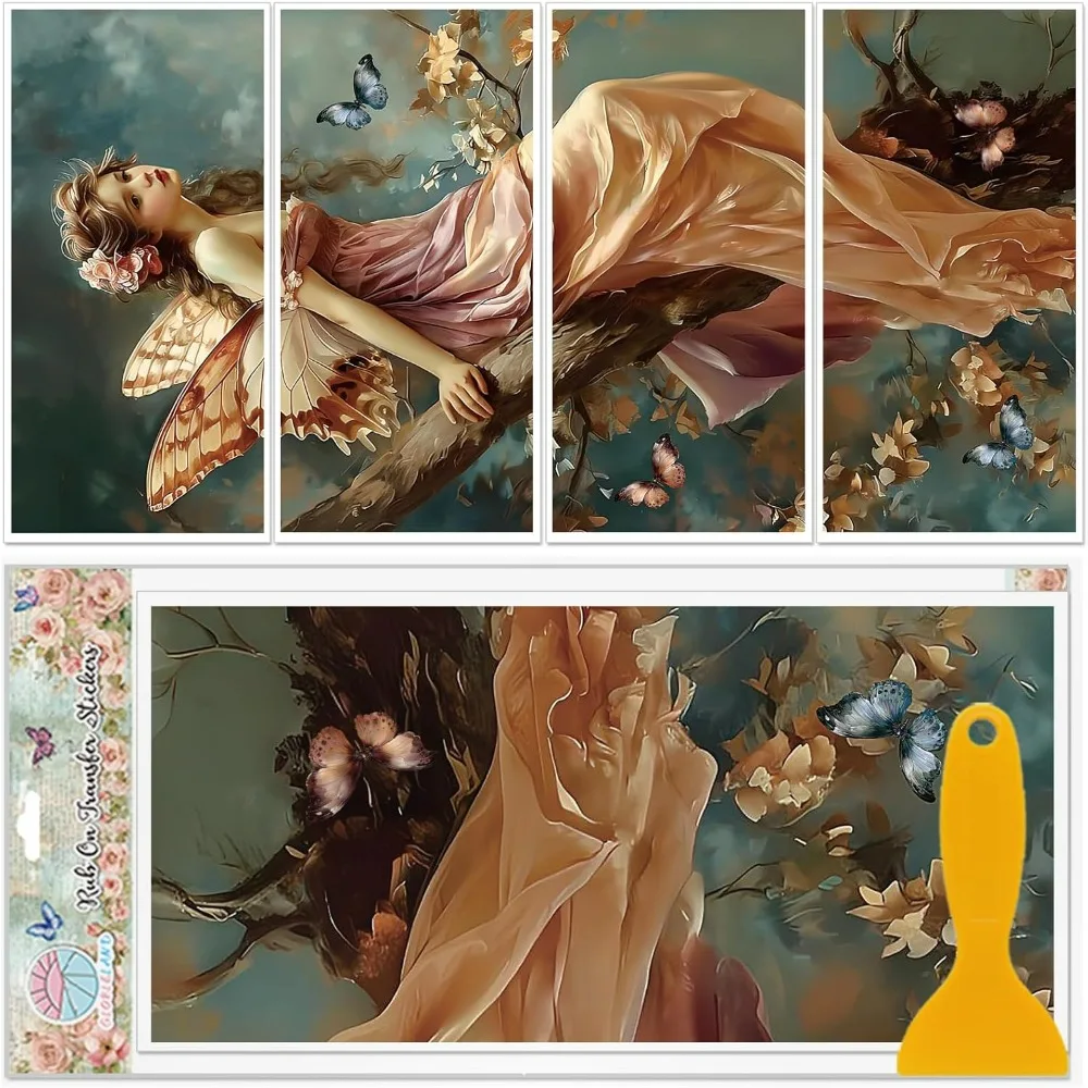 4 Sheets Retro Buttterfly Fairy Rub on UV Self-Adhesive Stickers Wall Art Craft for Bedroom Living Room Desk Table