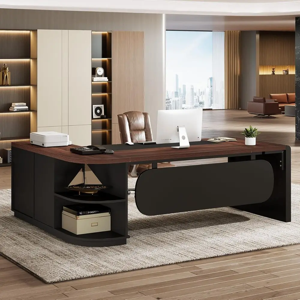 

80'' L-Shaped Desk, Large Executive Office Desk with 55'' Drawers Cabinet, Modern Computer Table with Storage Shelves, Business