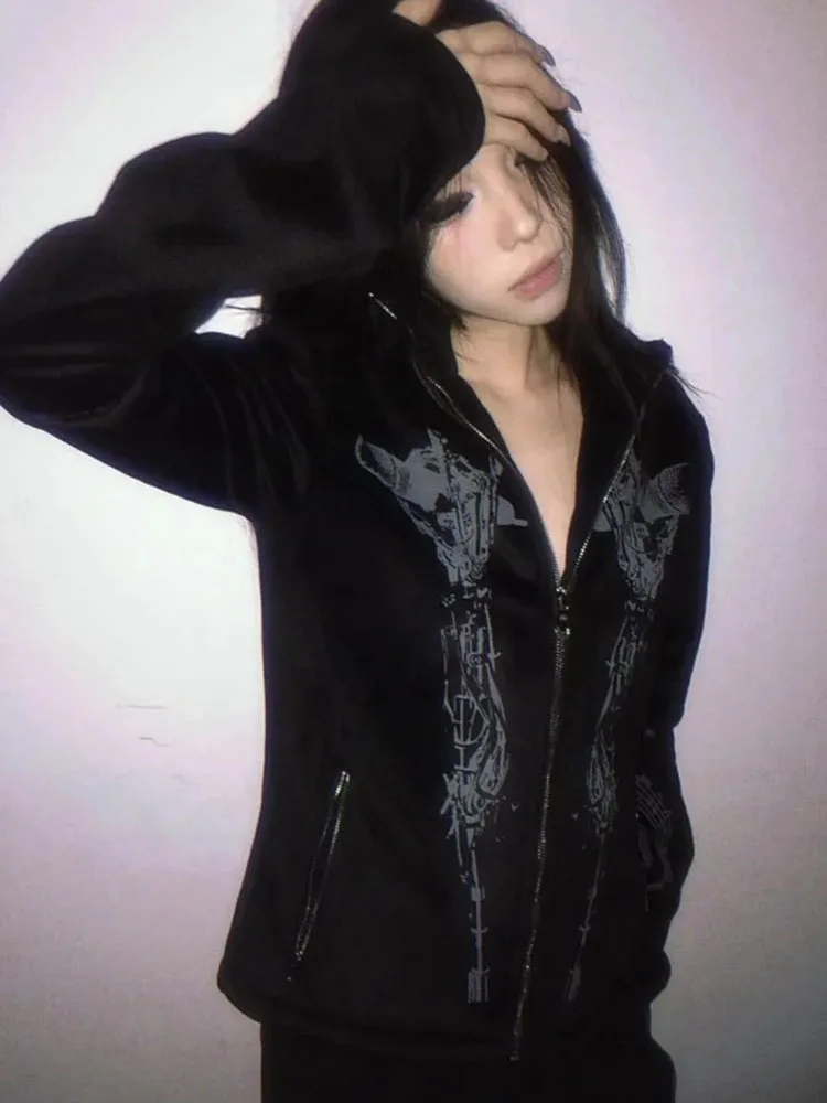 

Gothic Skull Printed Jacket Women Stand Collar Slim Fit Long Sleeve Coats Tops Harajuku Vintage Y2k Grunge Streetwear