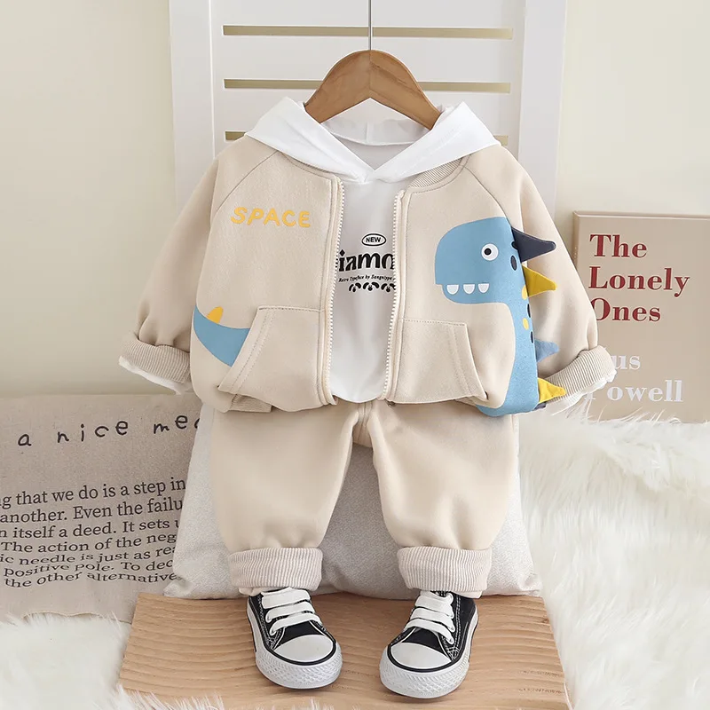 2024 spring and autumn new baby letter long sleeve suit boys\' solid color striped coat three piece simple casual sportswear