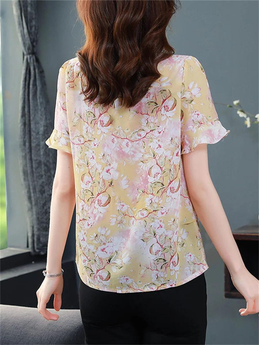 4XL Women Spring Summer Blouses Shirts Lady Fashion Casual Short Sleeve Turn-down Collar Flower Printing Blusas Tops G2133