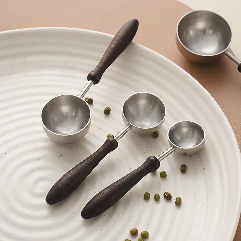 【CC】Stainless Steel Coffee Measuring Spoons With Wooden Handle Multiple Sizes For Coffee Brewing Baking Kitchen Use