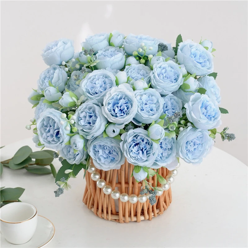 1 Bouquet blue Artificial Flowers Peony Tea Rose Autumn Silk Fake Flowers for DIY Living Room Home Garden Wedding Decoration