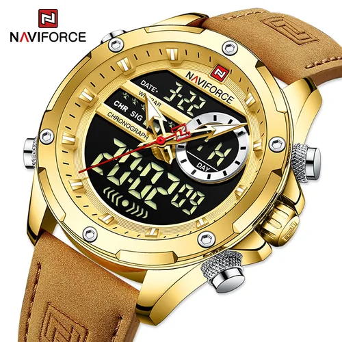 NAVIFORCE relojes originales de lujo para hombres Casual deporte cronógrafo alarma reloj de pulsera de cuarzo cuero impermeable reloj Digital 9163