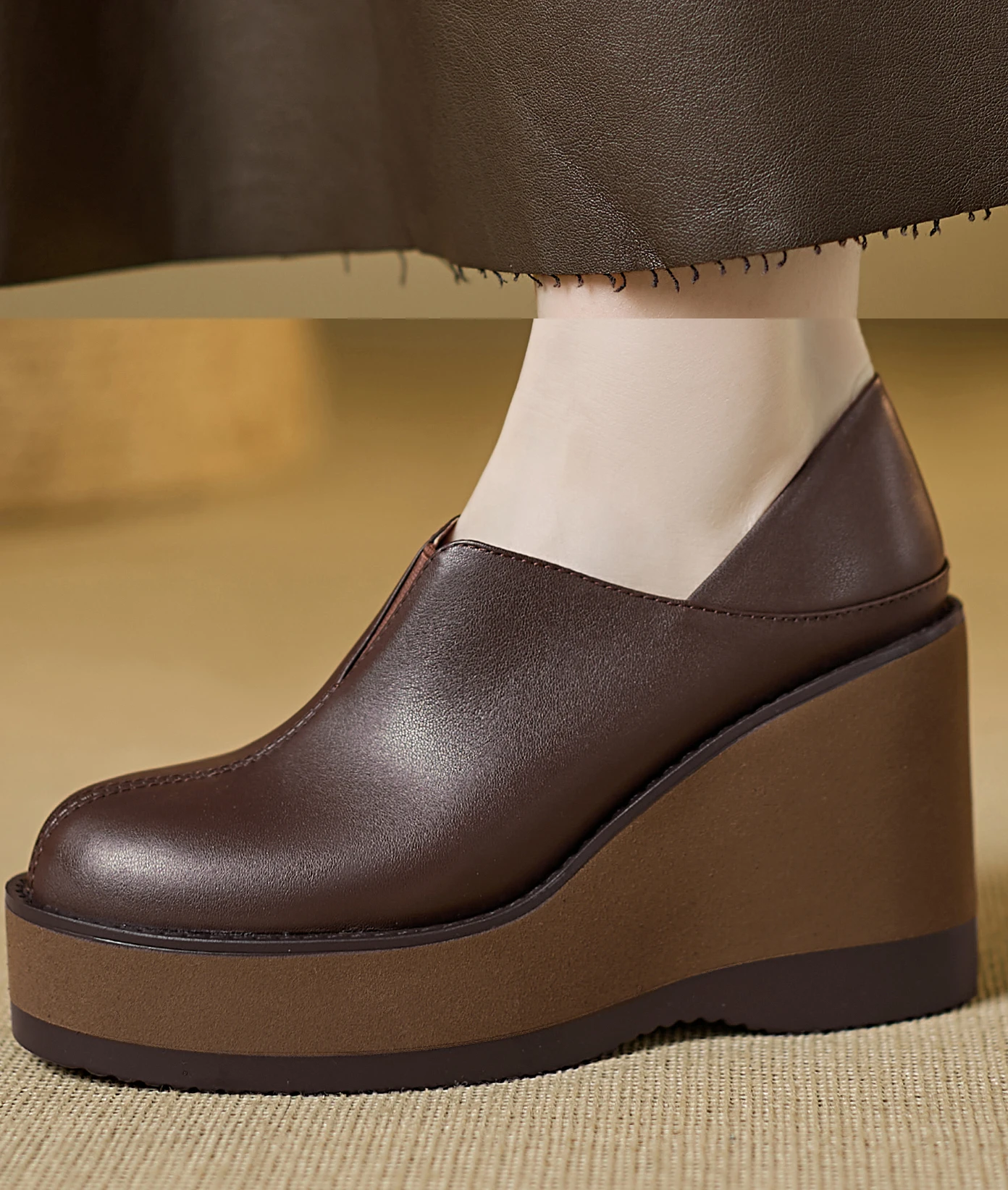 EAGSITY 2027 spring summer Cow Leather Wedge loafers slip on women High Heel Shoes Fashion Ladies Dress Pumps Wedding Party