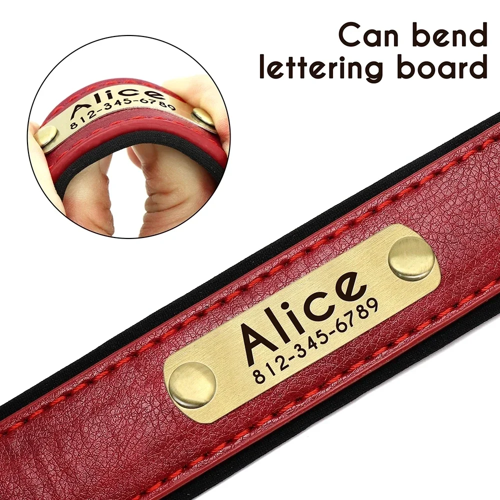 Customized Dog Collar Leather ID Nameplate Soft Padded Dogs Collars Free Engraving Name for Small Medium Large Dogs Adjustable