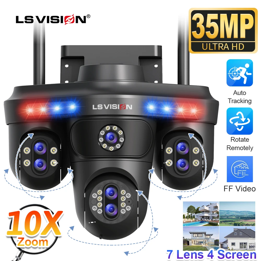 LS VISION 35MP 10X Zoom Four Screens WiFi IP Camera Wireless Outdoor Seven Lens Three PTZ Camera Auto Tracking Security Camera