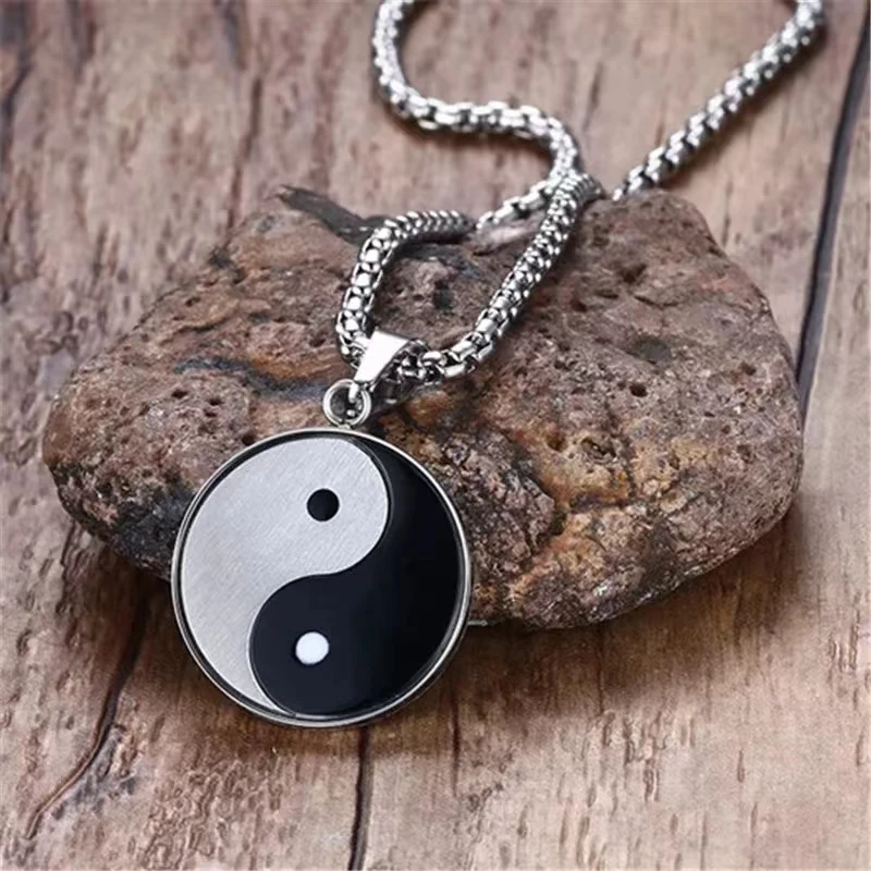 Retro Religious Yin Yang Symbol Pendant Necklace Stainless Steel Bagua Meditation Yoga Two-Color Male Personality Amulet