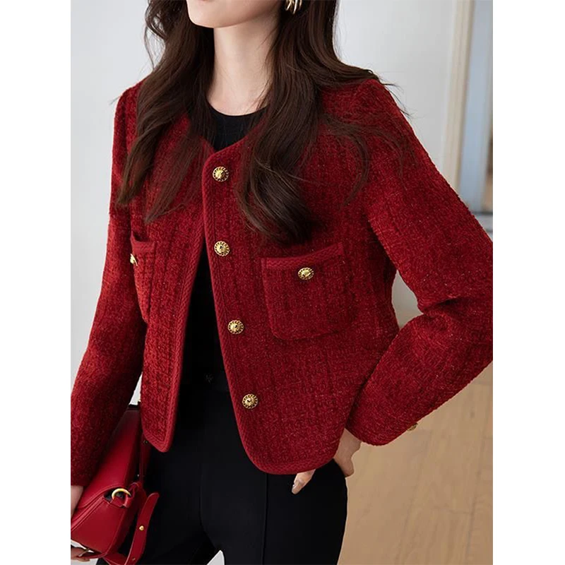 Vintage Tweed Jacket Women Cropped Suit Coat Fall Winter Korean Long Sleeve Outerwear Ladies Elegant Chic All Match Blazer New