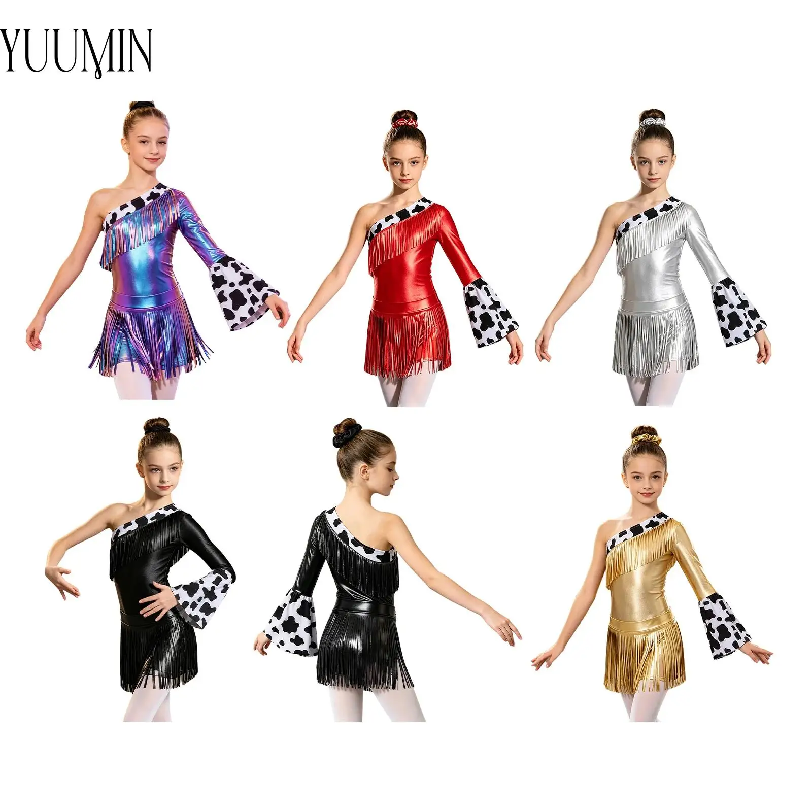 

Girls Shiny Metallic Fringe Cosplay Costume Set One-Shoulder Top + Tassel Skirt Kids Halloween Party Role Play Outfit