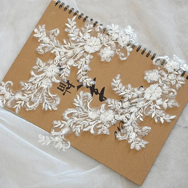 Sewing on Wedding Veil Decoration Lace 2023 Embroidery Ivory Color Mariage Applique Beaded Lace Patches