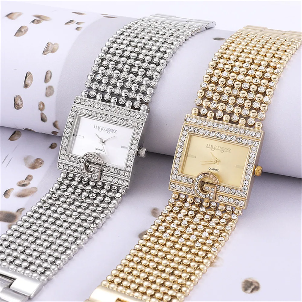 Simple Square Gold Ladies Watch Fashion Classic Alloy Diamond Bracelet Ladies Watch Gold Silver Diamond Scale Dial Quartz Reloje