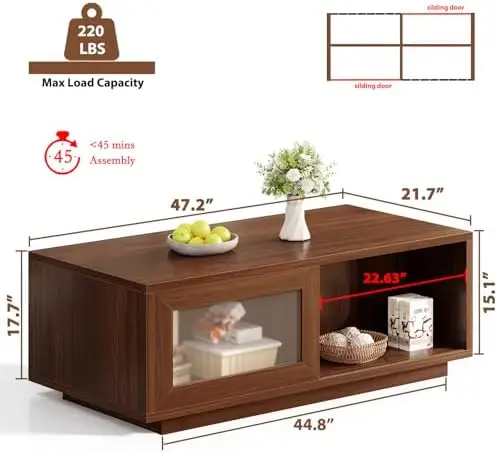 47 Inch Black Oak Coffee Table for Living Room with Storage | Modern Wood Rectangle Coffee Tables with Sliding Door and