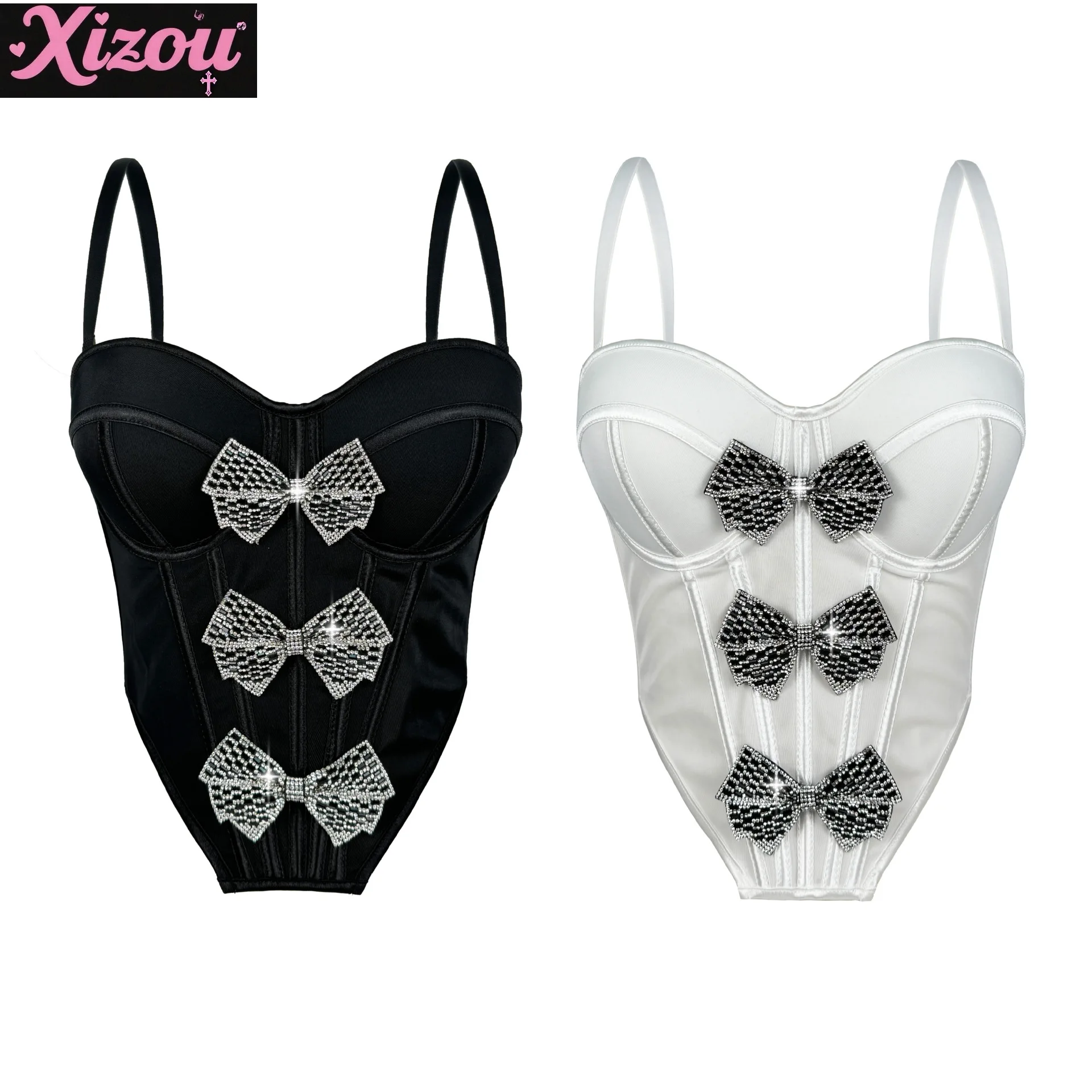 Europa Amerika Dark Cool Pittige Meisjes Strass Boog Visgraat Buste Vrouwen Sexy Tube Top Taille Sling Vest Dragen Visgraat tops