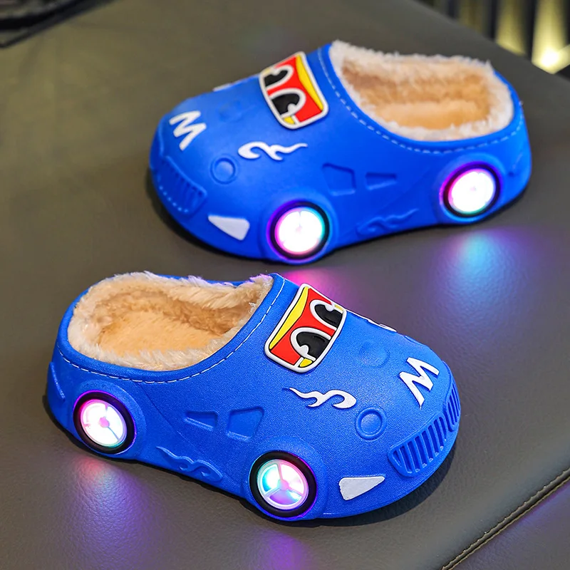 Children's Slippers 2026 Autumn and Winter New Boys' Car Shaped Wheels Will Light Up Anti Slip Soft Bottom  Warm Cotton Slippers