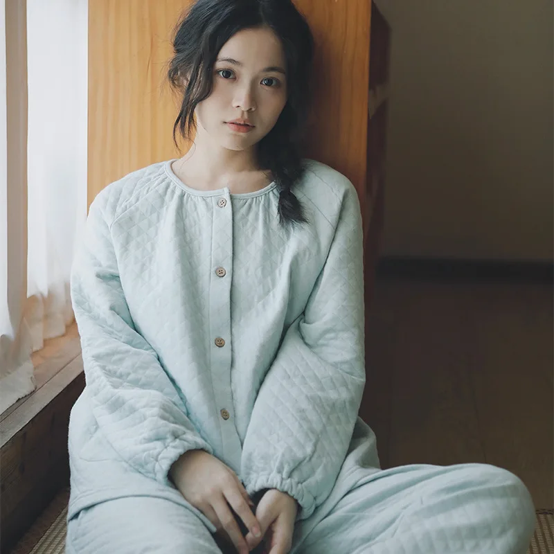Thickened Air Cotton Pyjamas Set for Women Autumn Winter Style Unisex Breathable Long Sleeve  Collar Cotton Home Clothes